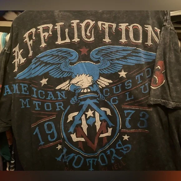 Affliction T-Shirt Black Eagle Wings Short Sleeve Motor Club 1973 2XL - Picture 3 of 5